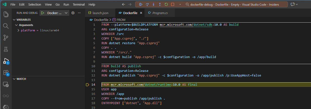 Screenshot showing dockerfile debugging with the debugger stopping on line 14, the first one of the final stage